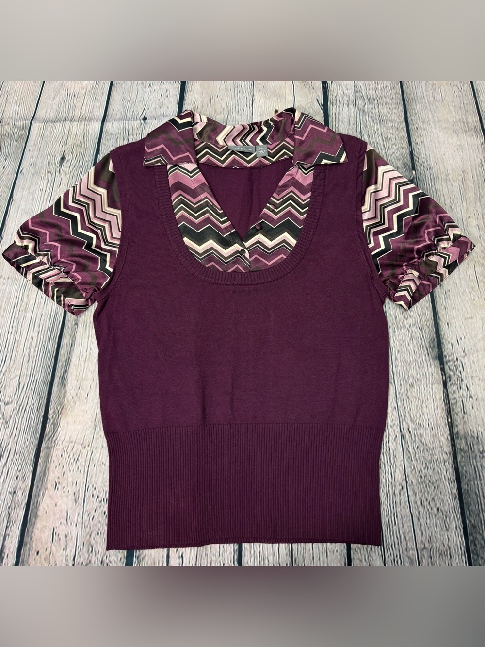 Apt 9 Purple Layered Sweater Vest Chevron Silky Blouse Y2K Retro Office Size PM